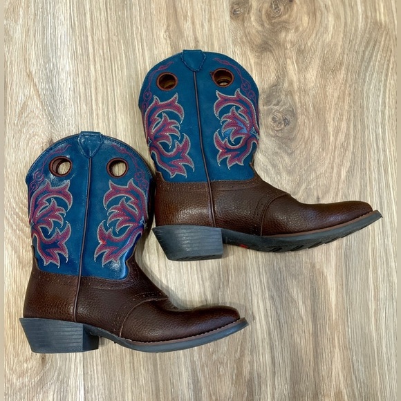 2520JR Childrens Justin Lasso Western Boots Square Toe Brown/Blue Size 4 D - Picture 6 of 7